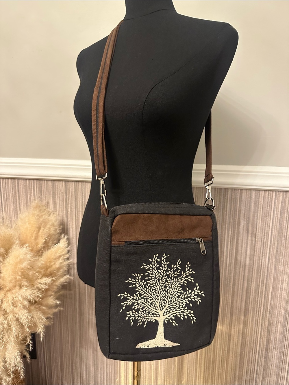 Nepal 100% Cotton Tree of Life Crossbody Bag Boho Black Brown